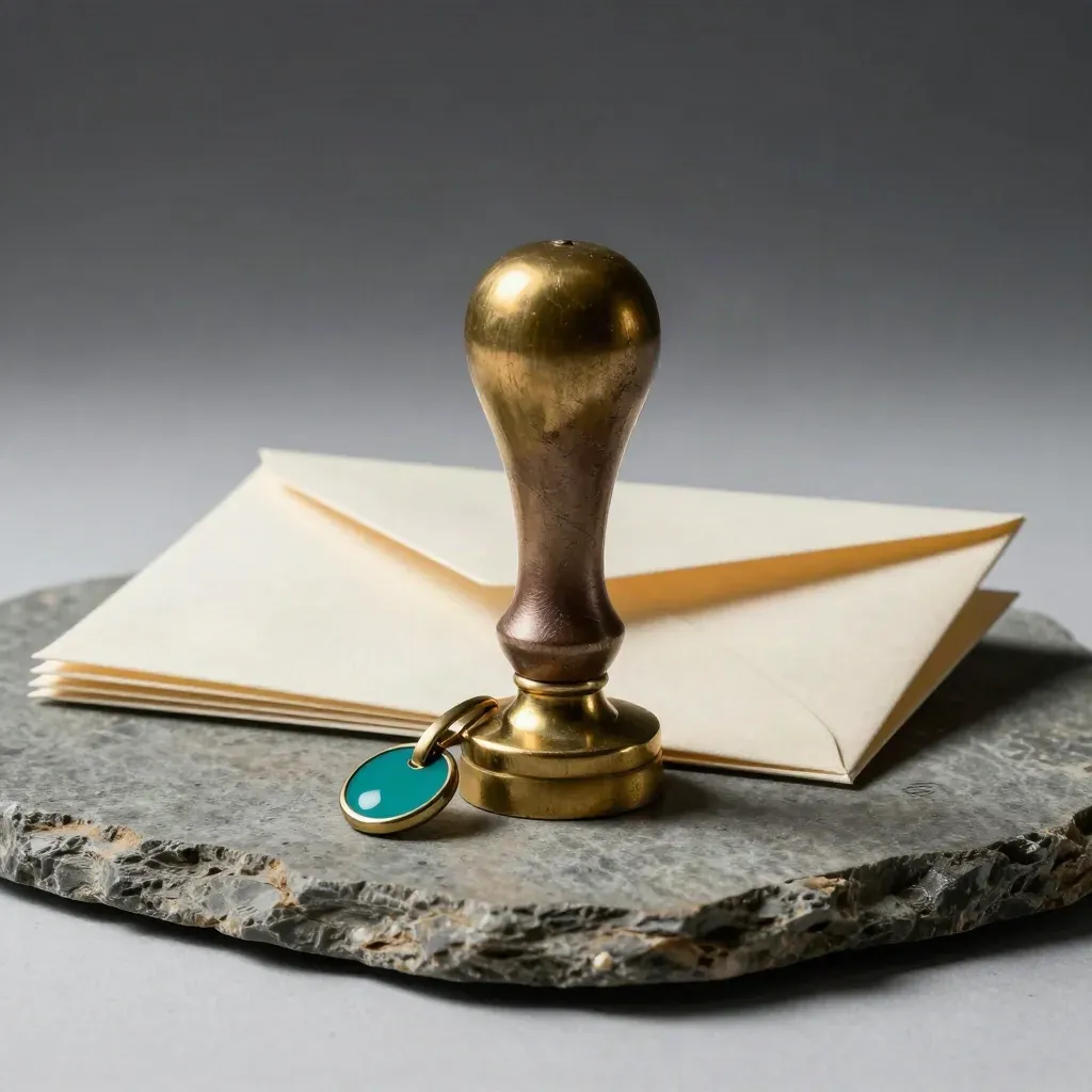 Brass loyalty stamp above cream envelopes with a tiny teal token on limestone