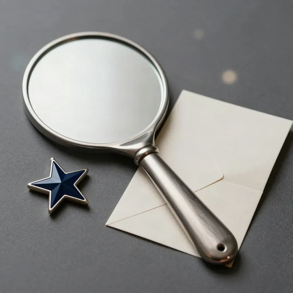 Polished mirror, navy star token, and face-down thank-you card on graphite stone.