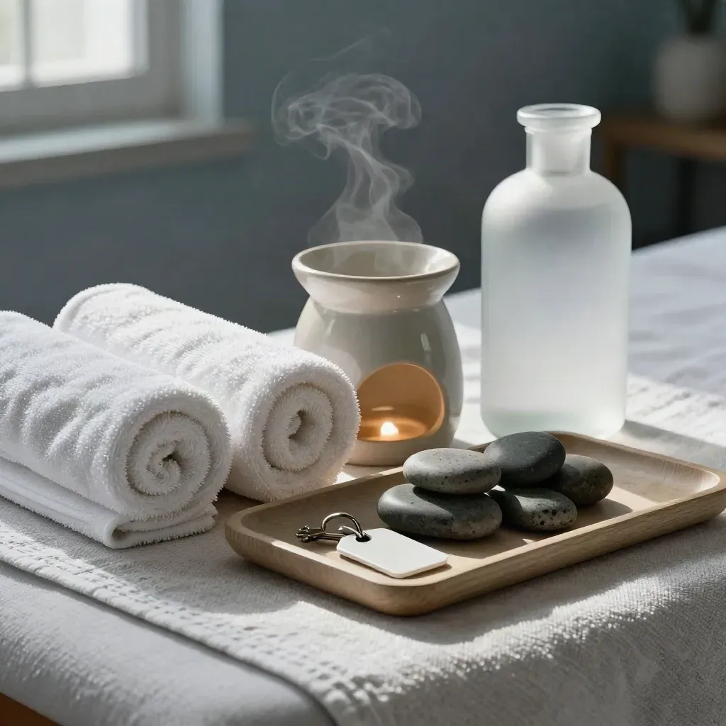 Spa tray with towels, oil burner, hot stones, and a key tag seen through a frosted bottle.