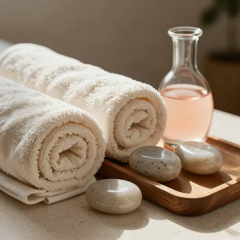 Spa towels, oil decanter, massage stones and wooden tray in a macro still life.