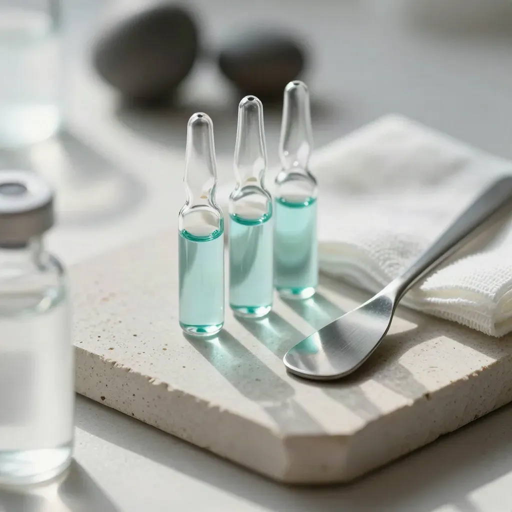 Frosted dish, serum ampoules, gauze pads, and steel spatula on pale stone