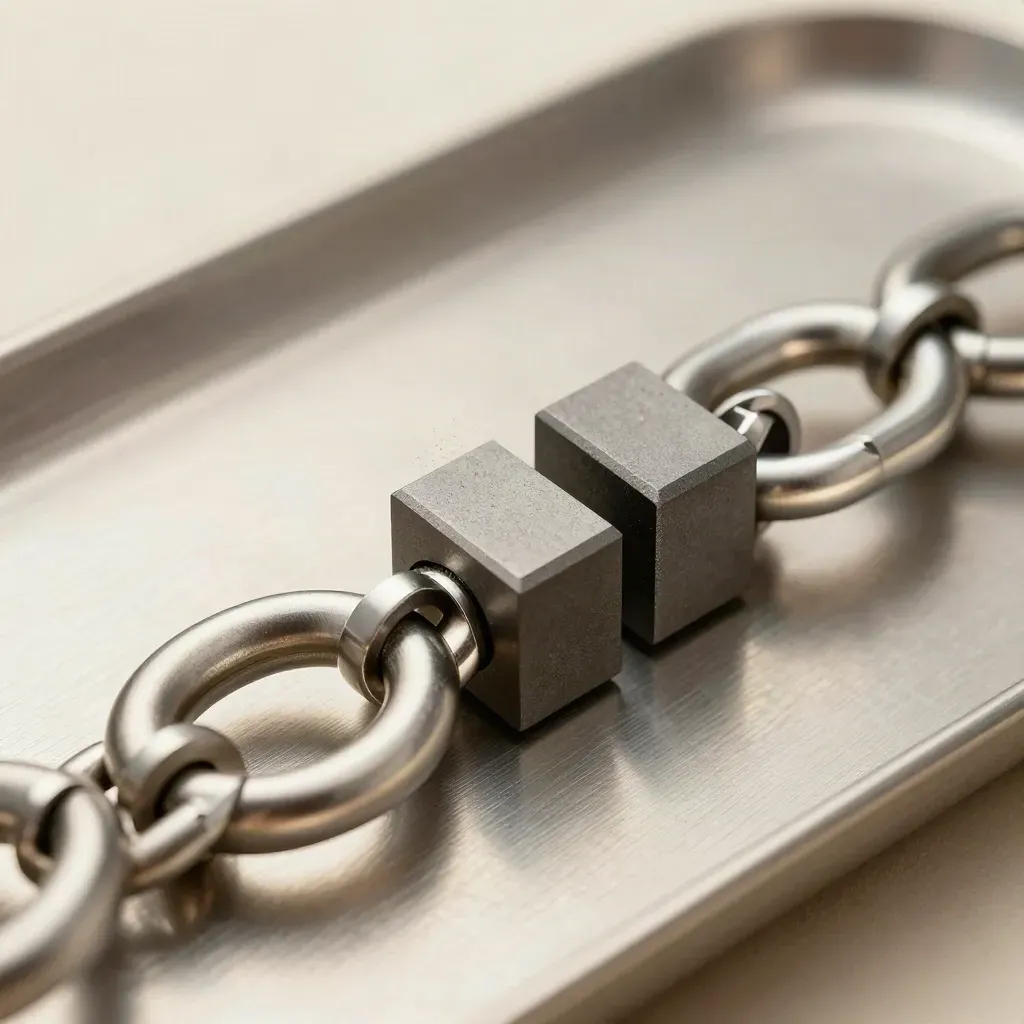 Machined links and graphite blocks chain across brushed aluminium under dramatic studio light.
