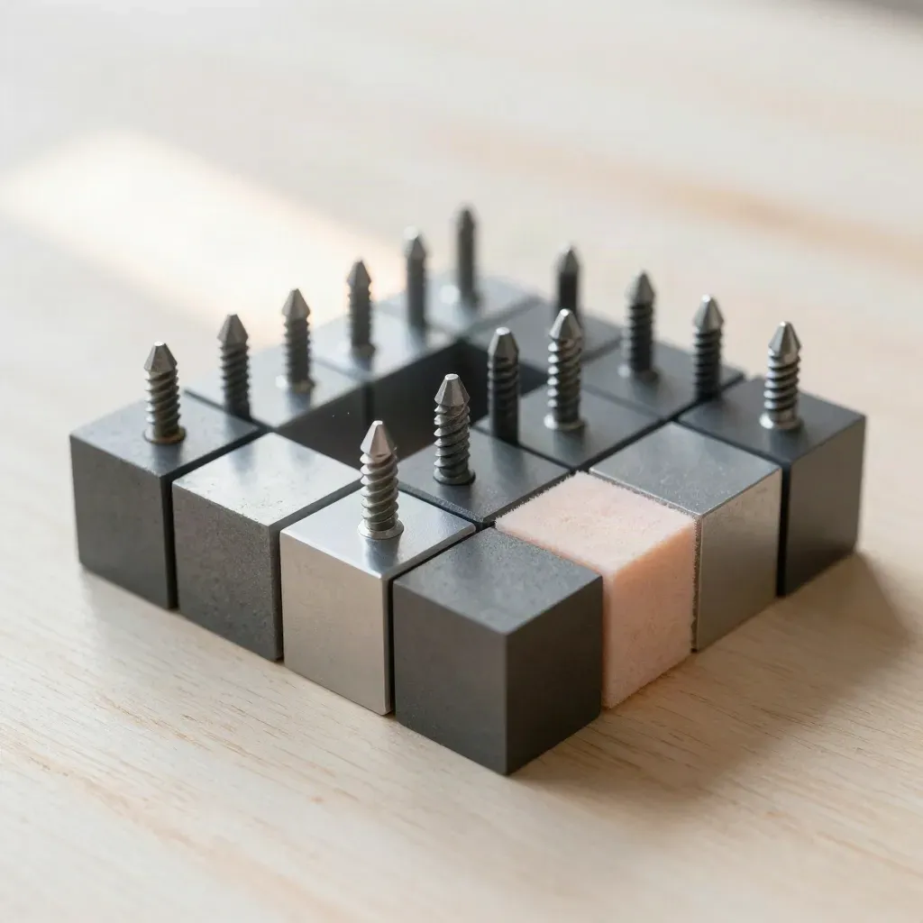 Graphite modular blocks and dowel pins forming a compact grid on pale wood with a soft peach accent.