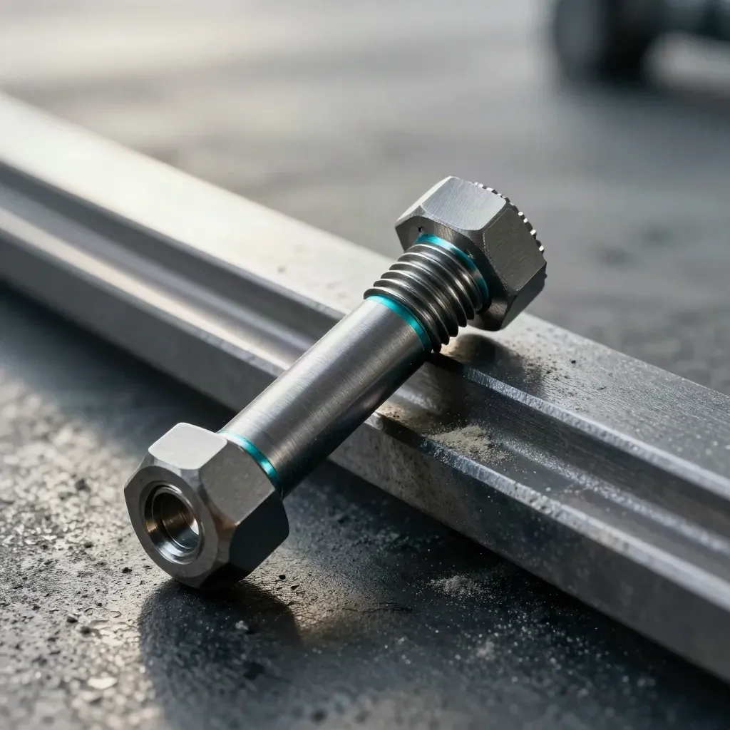 Low-angle macro of machined connector parts and fasteners on dark concrete with teal accents.