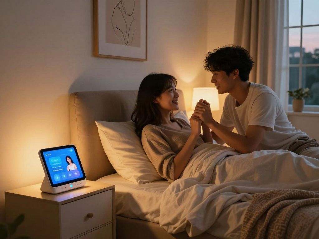 Couple enjoying ai sex technology in a warm bedroom, integrated smart devices create intimate atmosphere.