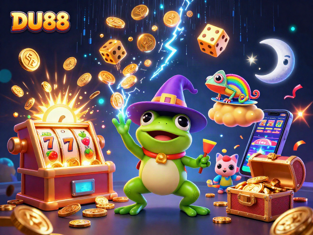 Engage with DU88's vibrant 3D casino scene bursting with gold coins, jackpot symbols, and magical creatures.