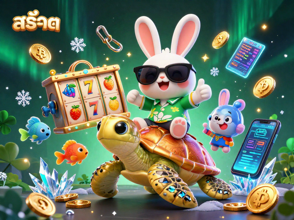 Engage in exciting สล็อต action with a lucky rabbit and a giant turtle in a vibrant casino scene.