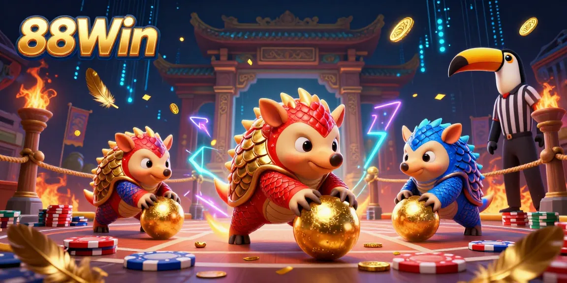 88Win features a dynamic scene with rival pangolins bowling into poker chips in a vibrant casino setting.