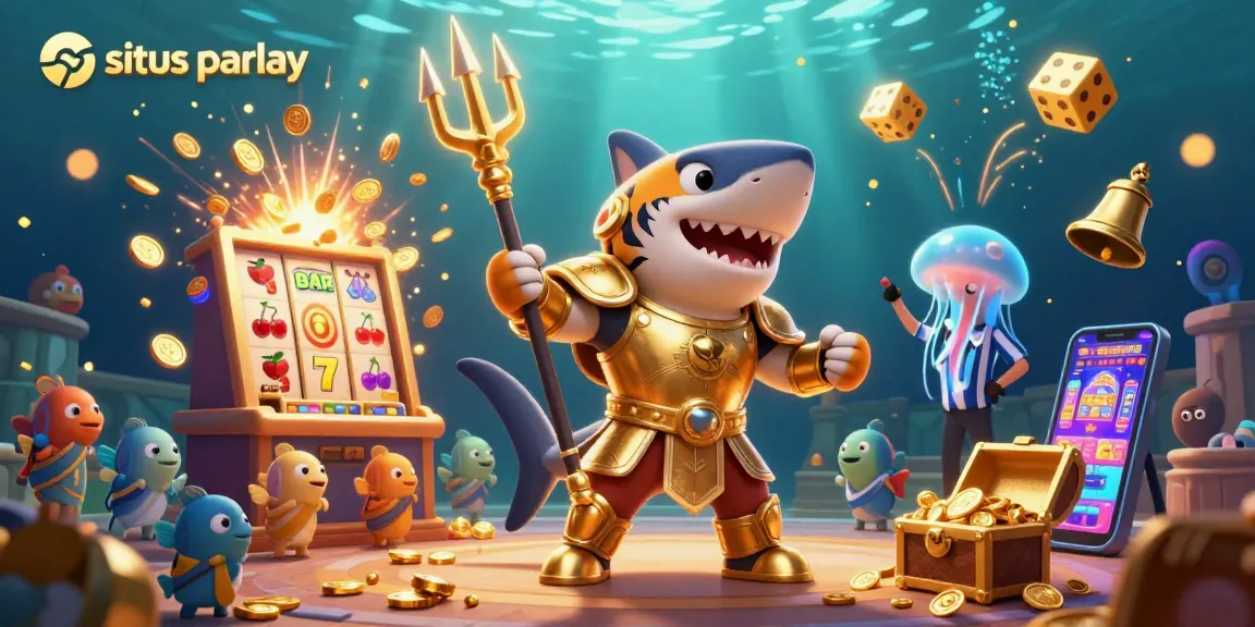 Situs parlay showcases an underwater arena where a golden tiger shark battles, symbolizing sports betting excitement.