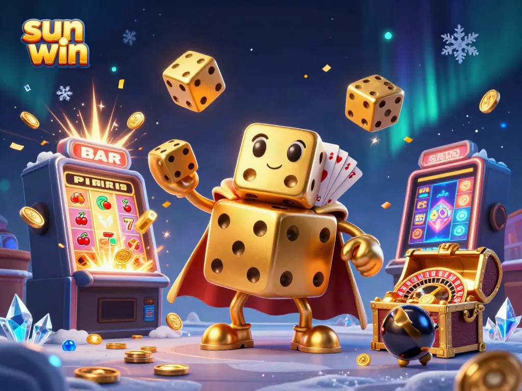 Experience the thrill of sun win with lively characters and dynamic casino elements in a vibrant scene.