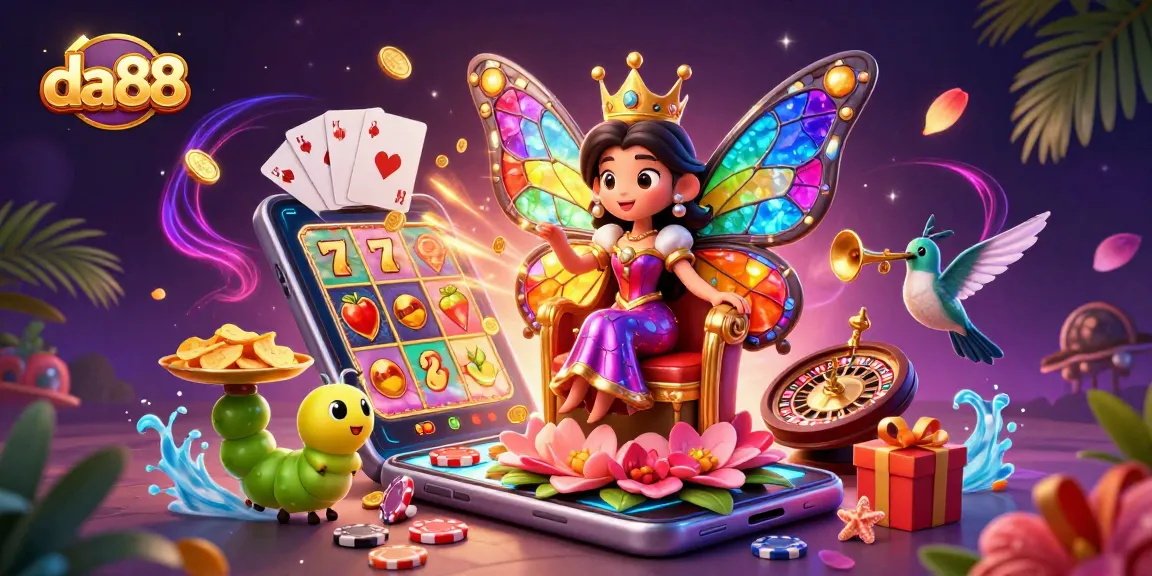 Spin the reels with da88 as a vibrant 3D butterfly queen leads a colorful casino adventure.