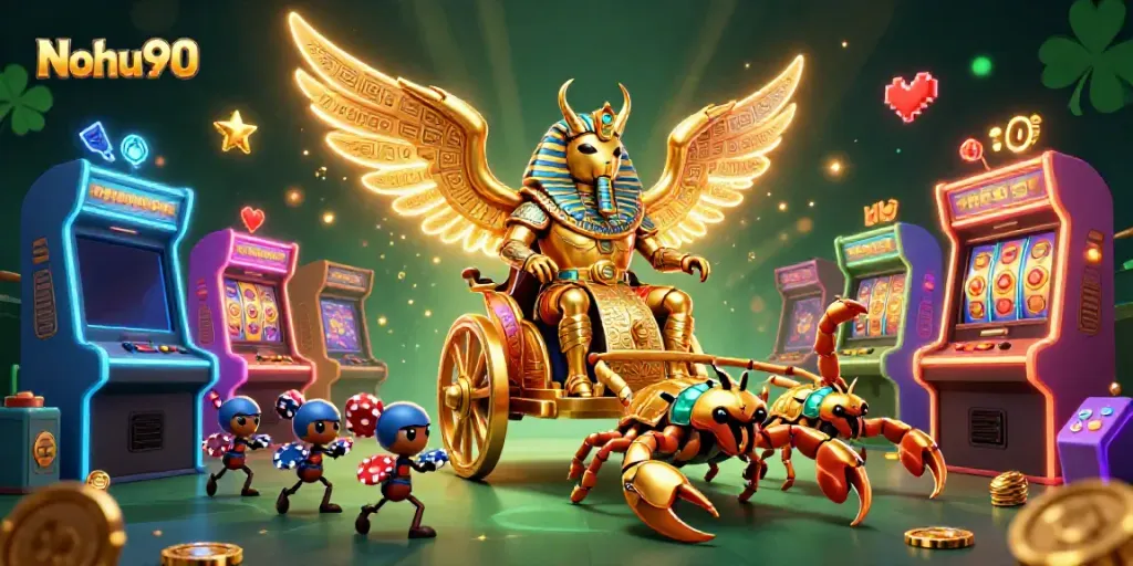 Engage in thrilling gameplay at Nohu90, featuring 3D cartoon scarab and gold-themed gambling elements.