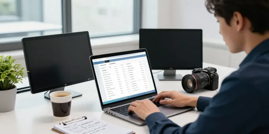 Buy domain name in a busy modern office, featuring a professional using a laptop for domain search.