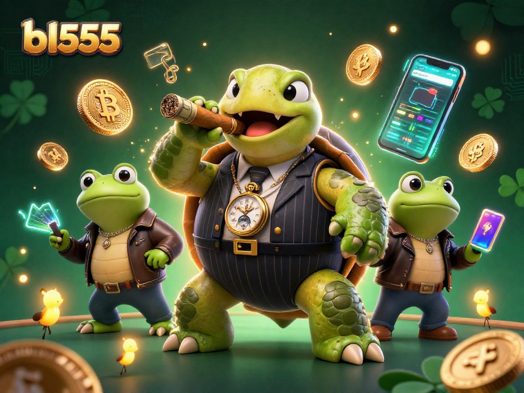 Experience thrilling gameplay at bl555 featuring a massive turtle mobster amidst vibrant crypto-themed casino elements.