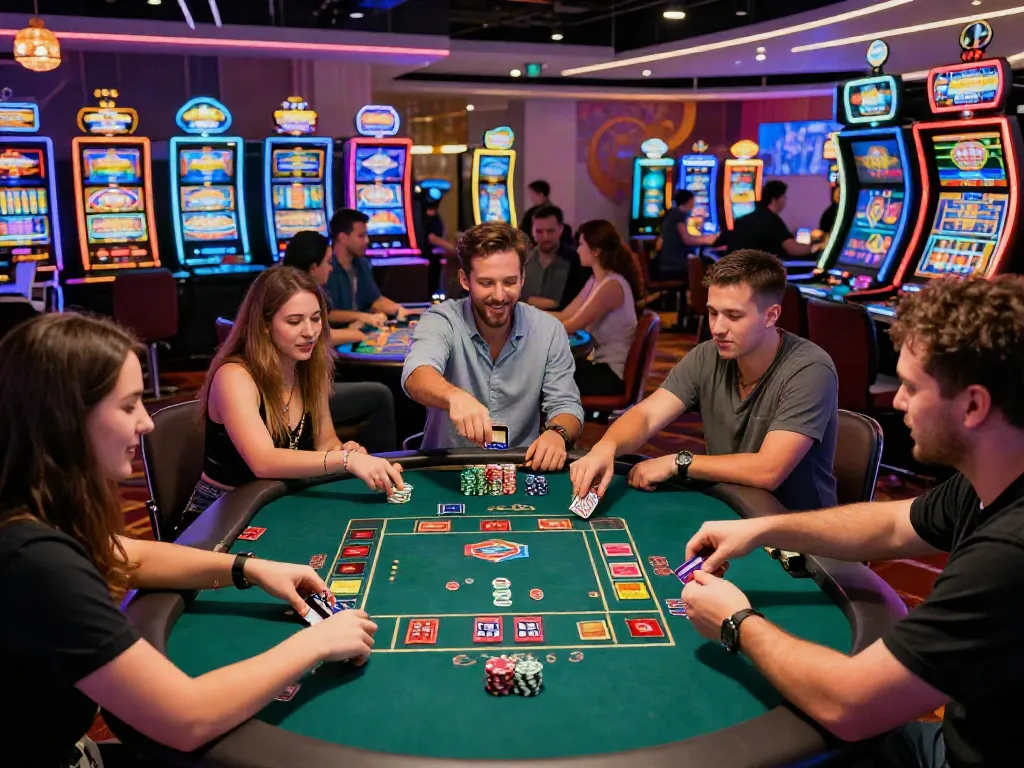 Players engaging in games at casinos that accept credit card, vibrant atmosphere with neon lights.