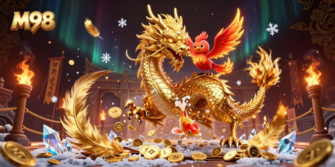 Experience M98's thrilling casino magic with a golden dragon and phoenix amid riches.