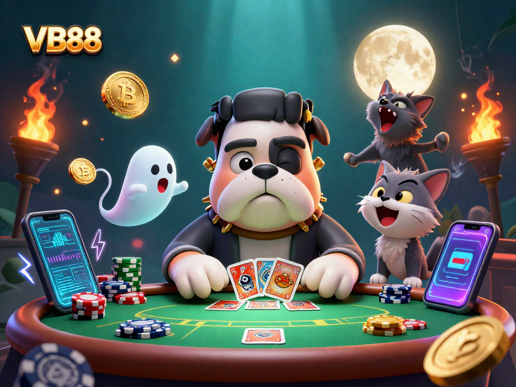 Engage with VB88, a dynamic cartoon scene featuring a Frankenstein bulldog and friends at a poker table.