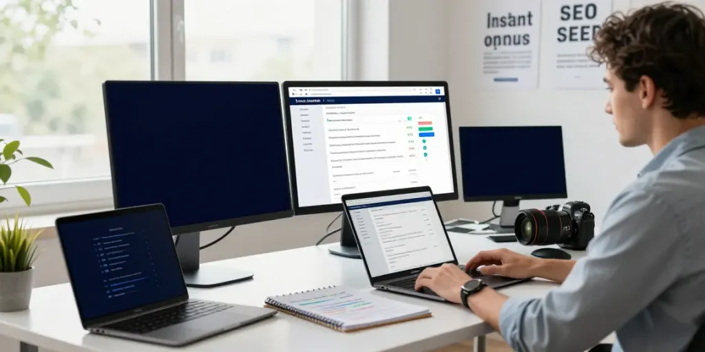 Workspace with a content strategist optimizing instant indexing results on dual monitors in a modern marketing office.