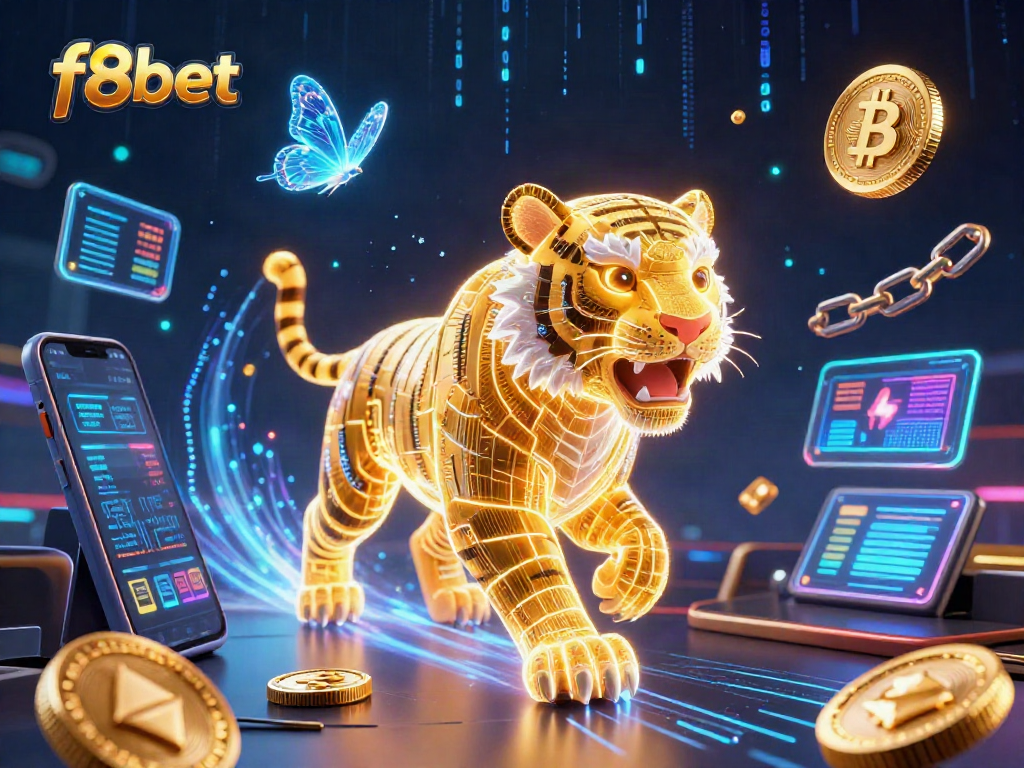 Experience the digital gaming world at f8bet with vibrant 3D casino elements and glowing cryptocurrencies.