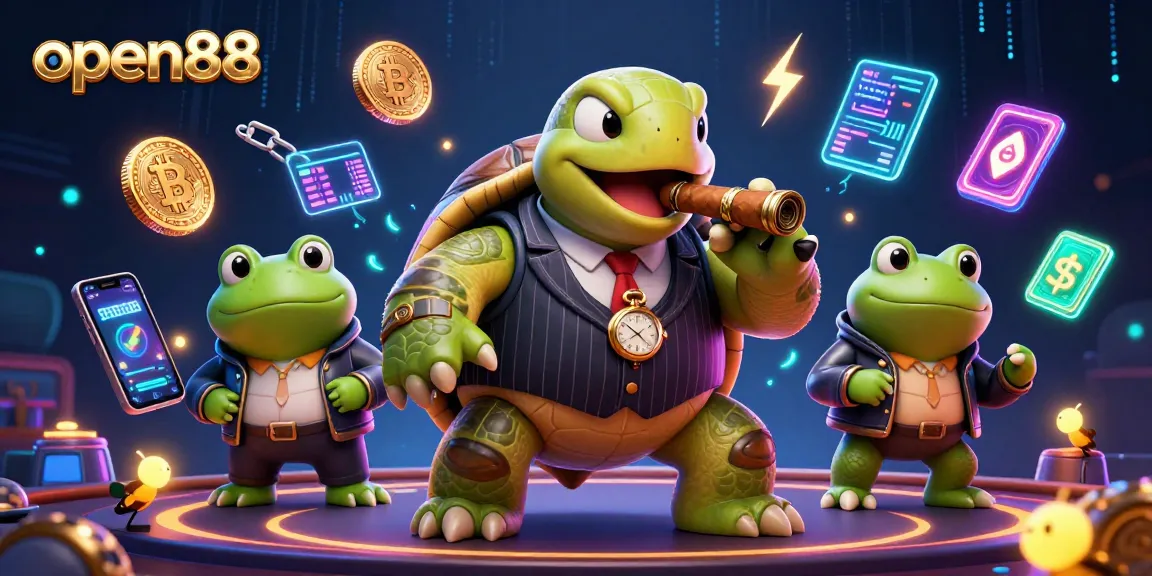 Experience thrilling gameplay at open88 with a dynamic casino scene featuring a snapping turtle and fireflies.