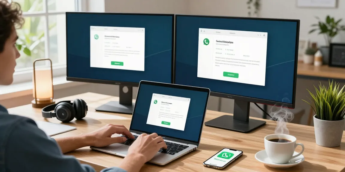 WhatsApp下載 installation process on a modern workspace with tech gadgets and a cozy atmosphere.