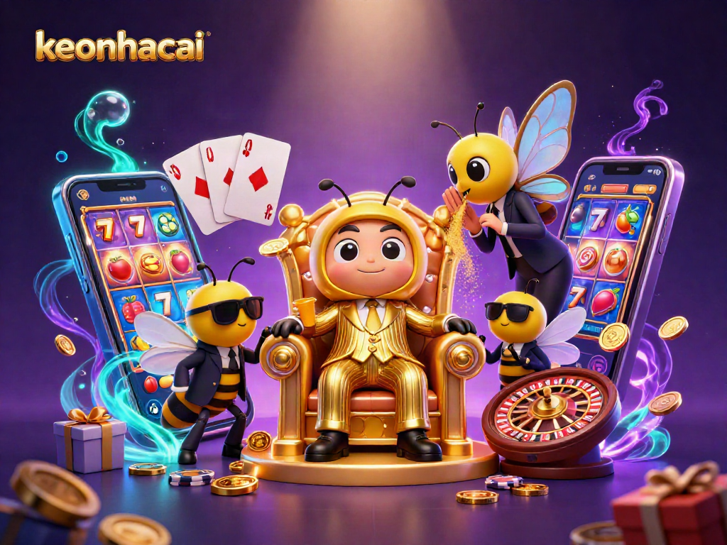 Experience thrilling games at keonhacai with a vibrant casino illustration featuring slots and exciting characters.