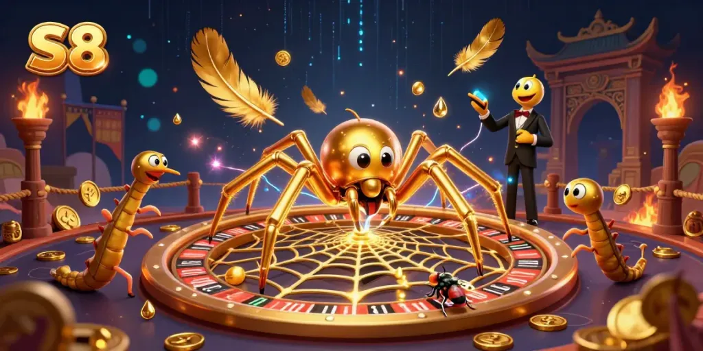 Engage in exciting bets on S8 while a golden spider spins a roulette wheel web.