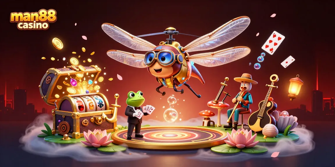 Experience excitement at man88 casino with a vibrant 3D scene featuring a dragonfly pilot, frog croupier, and more.