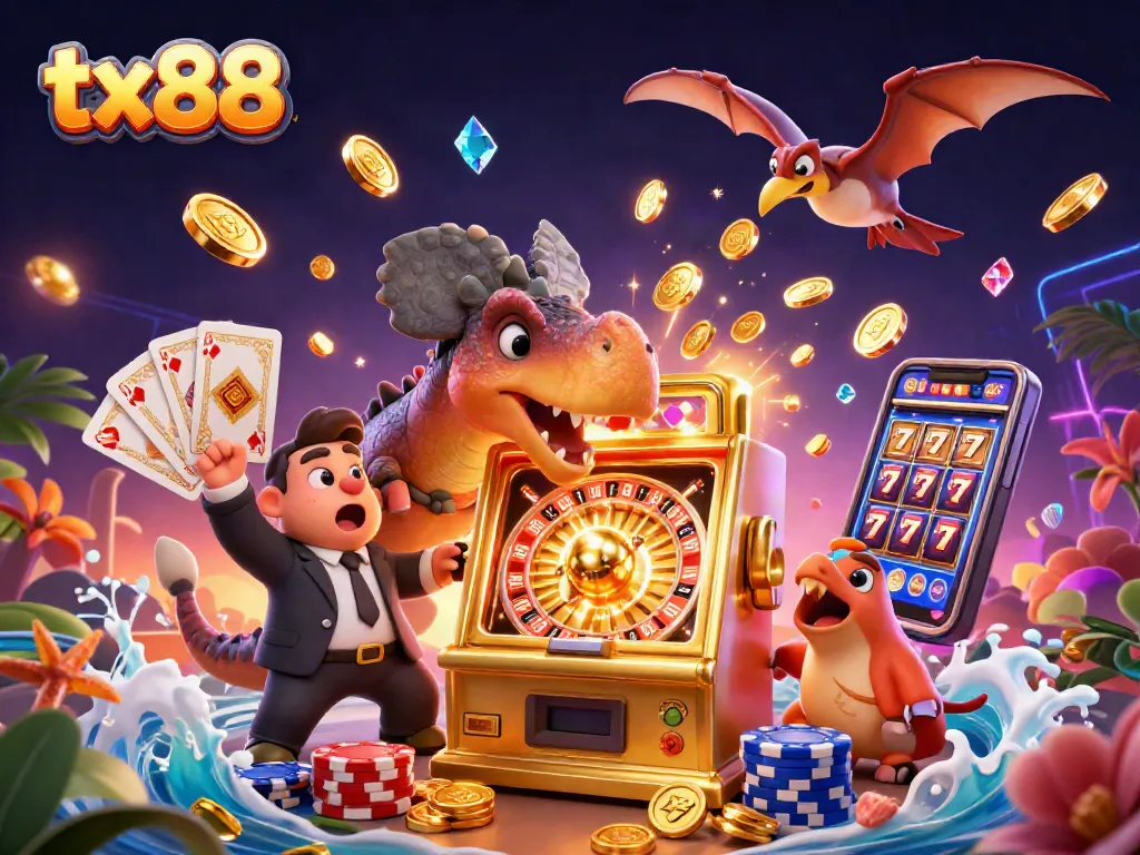 Watch tx88 characters jackpot with flying coins, showcasing a vibrant casino experience.