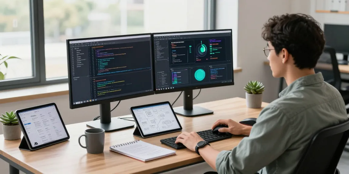 Developer using AI tools 2026 in a modern tech workspace with dual monitors and creative environment.