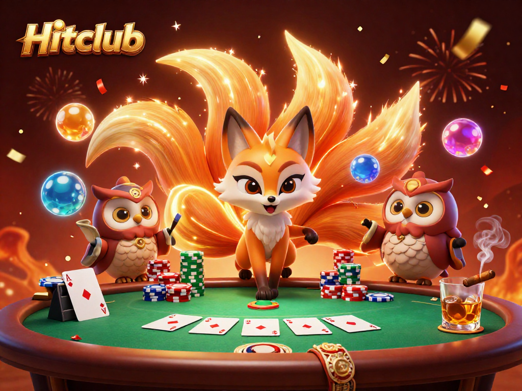Experience the vibrant magic with Hitclub as a nine-tailed fox spirit and wise owl sage navigate a dynamic casino scene.