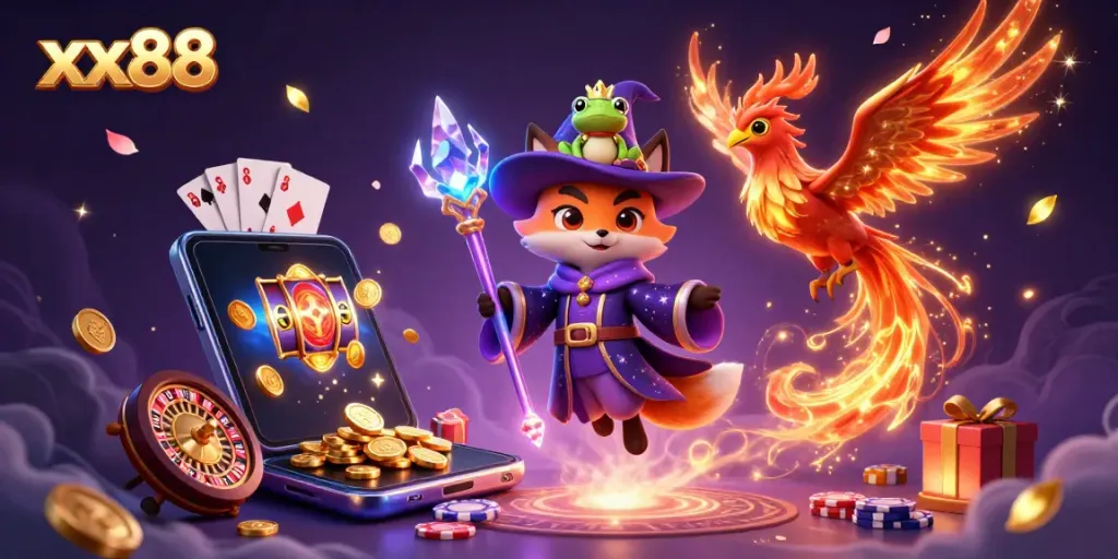 Experience the thrilling luck and excitement of xx88 with a wizard fox and phoenix amidst vibrant casino elements.