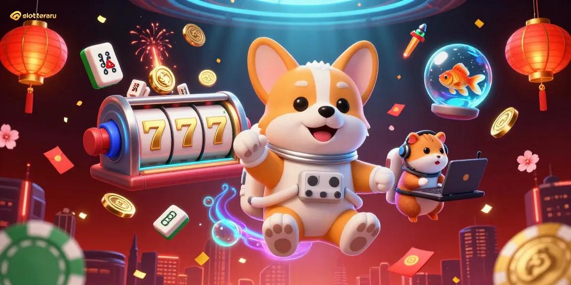 Experience slot terbaru in a vibrant casino scene with floating elements and a cartoon astronaut corgi.