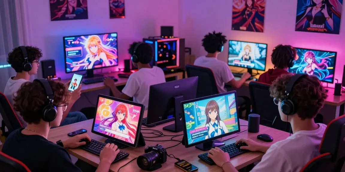 Engaged gamers playing hentai ganes on various devices in a cozy setting, showcasing vibrant visuals.