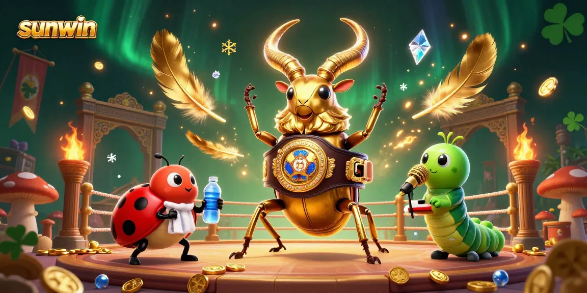 Engage in exciting gambling action with sunwin as this golden stag beetle battles in a vibrant casino arena.