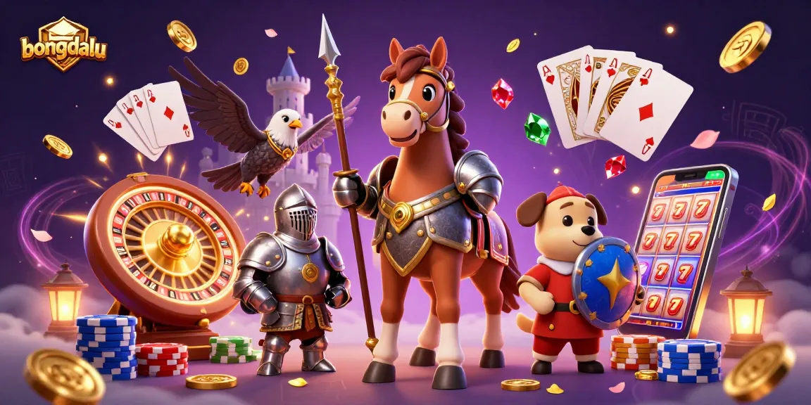 Bongdalu knights celebrate casino wins with cascading coins and vibrant gaming elements.