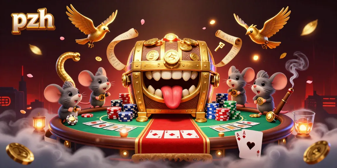 Play and win at pzh with this vibrant illustration of a golden treasure chest and poker elements.