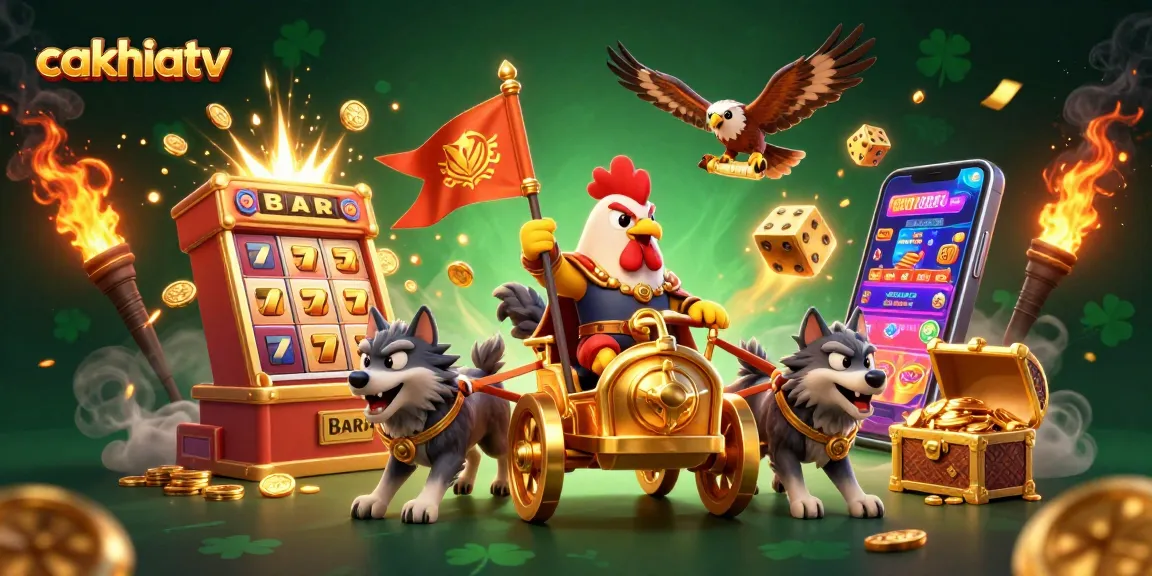 Cakhiatv showcases a thrilling casino scene with a rooster warlord and a jackpot explosion.