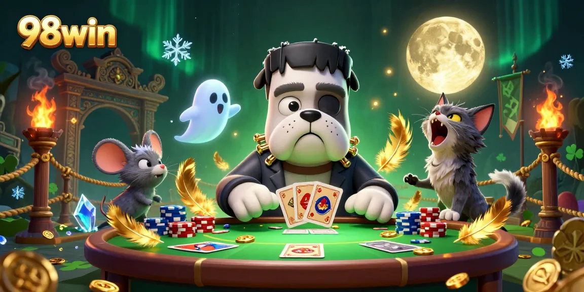Engage with 98win in a vibrant 3D casino scene featuring unique characters like a Frankenstein bulldog and a ghost mouse.