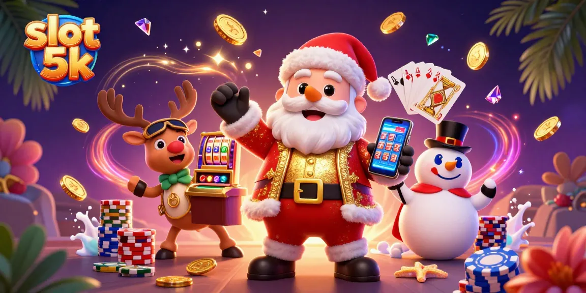 Play slot 5k at a festive casino scene with cartoon Santa, reindeer, and snowman surrounded by winning symbols.