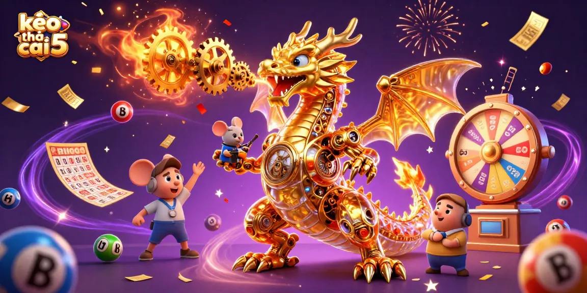 Kèo nhà cái 5 showcases a golden dragon breathing gold gears while surrounded by dynamic lottery elements and confetti.