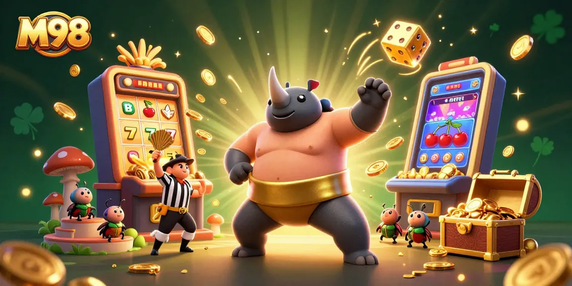 M98 slots champion beetle stomping with coins flying amidst casino chaos and excitement.
