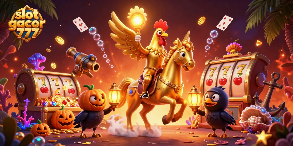 Experience luck with slot gacor 777 as a golden rooster and companions in a vibrant casino scene.