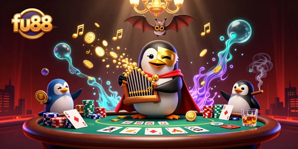 fu88 gaming scene featuring a penguin organist, poker elements, and vibrant casino atmosphere