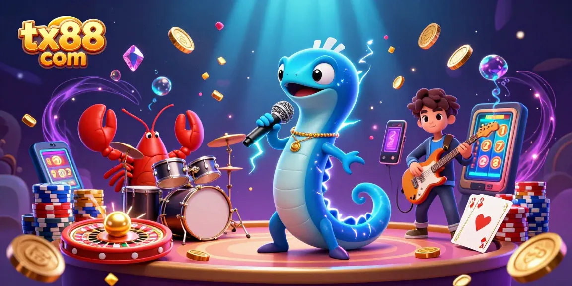 Engaging underwater scene showcasing tx88 com with an electric eel DJ, lobster drummer, and seahorse guitarist.